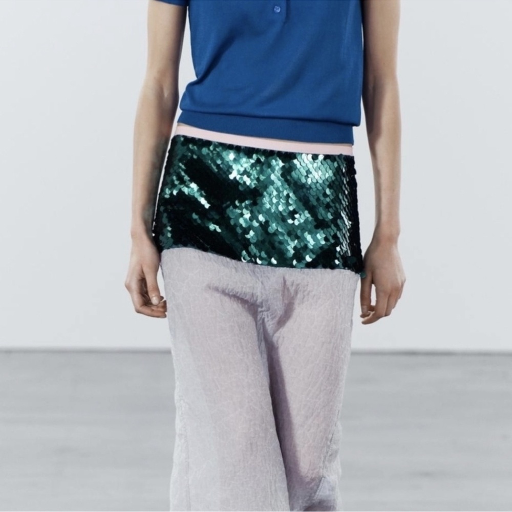Zara Green Sequin Midi Skirt with Pink Waistband